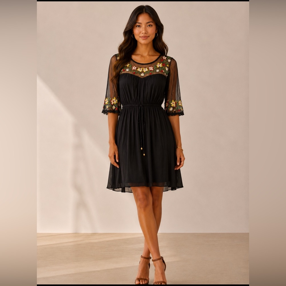 True Destiny Black Midi Dress with Floral Embroidery